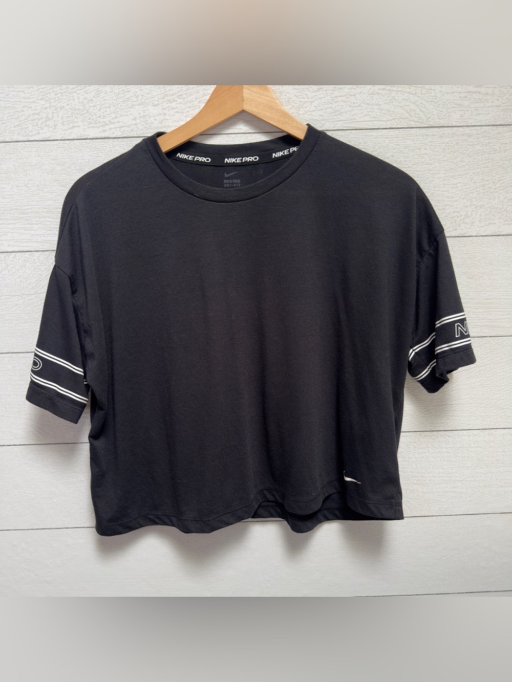 Nike Black Cropped Tee with White Sleeve Stripes